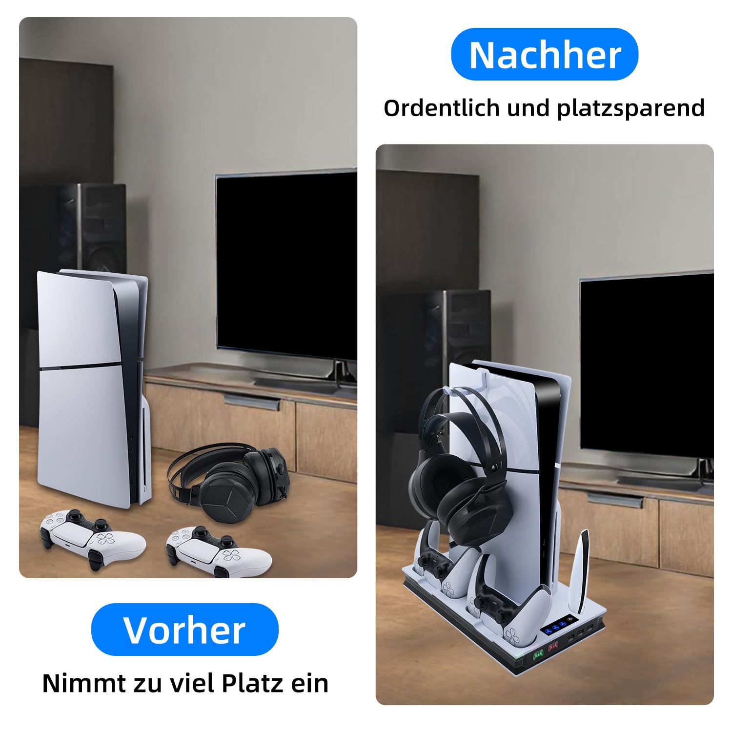 Mcbazel PS5 Pro/ PS5/ PS5 Slim Ladestation Ständer mit 3 Stufig Lüfter und Licht, PS5 Ständer Controller Ladestation LED Standfuß mit Magnet für PS5 Pro/PS5 /PS5 Slim UHD/Digital Edition - Weiß