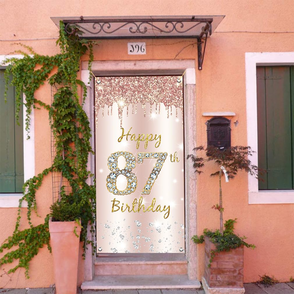87. urodziny dekoracja dla kobiet, Happy 87th Birthday Door Banner różowe złoto, 87. urodziny tkanina tabliczka plakat dekoracja drzwi, 87. urodziny tło, baner damski, przyjęcie urodzinowe tabliczka