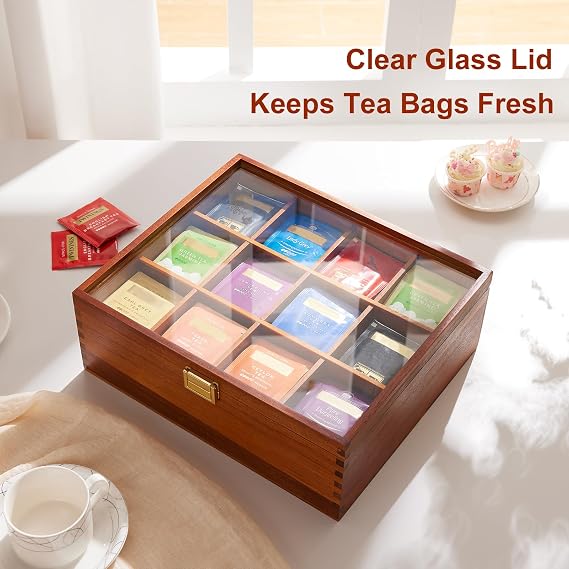 HouseJoy Wood Tea Bag Organizer with Clear Glass Lid,12 Compartments