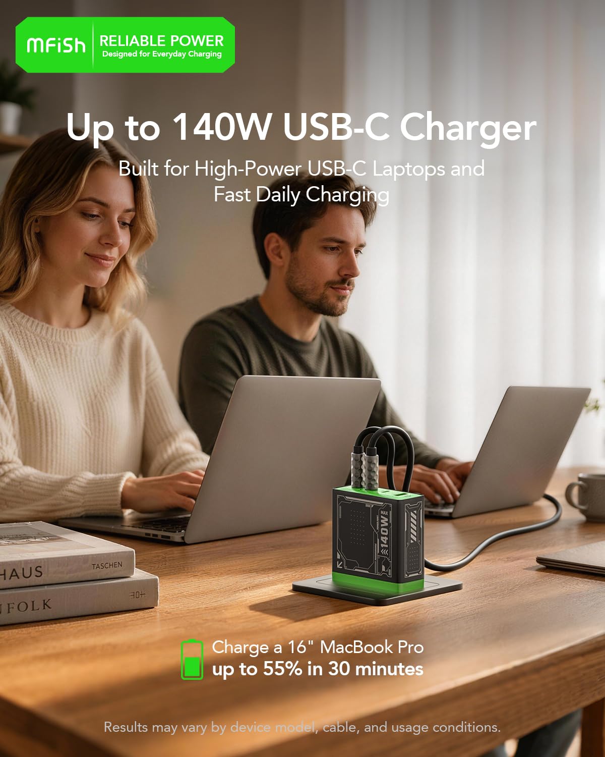 MFish Caricatore USB C, 140 W, caricatore GAN a 4 porte, adattatore di alimentazione pieghevole e veloce per MacBook Pro/Air, iPad Pro, iPhone 16 Pro, Galaxy S25/S24, copertura vapore, Google