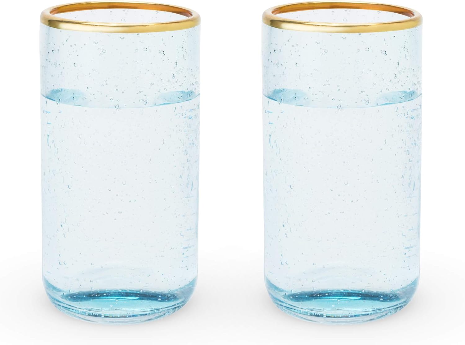 Twine Aqua Bubble Gold Rimmed Glass Tumblers - Tinted Water Drinking Glass, Kitchen Glassware Glass Cups Set, Colored Cocktail Glasses - Set of 2, 16 oz, Blue