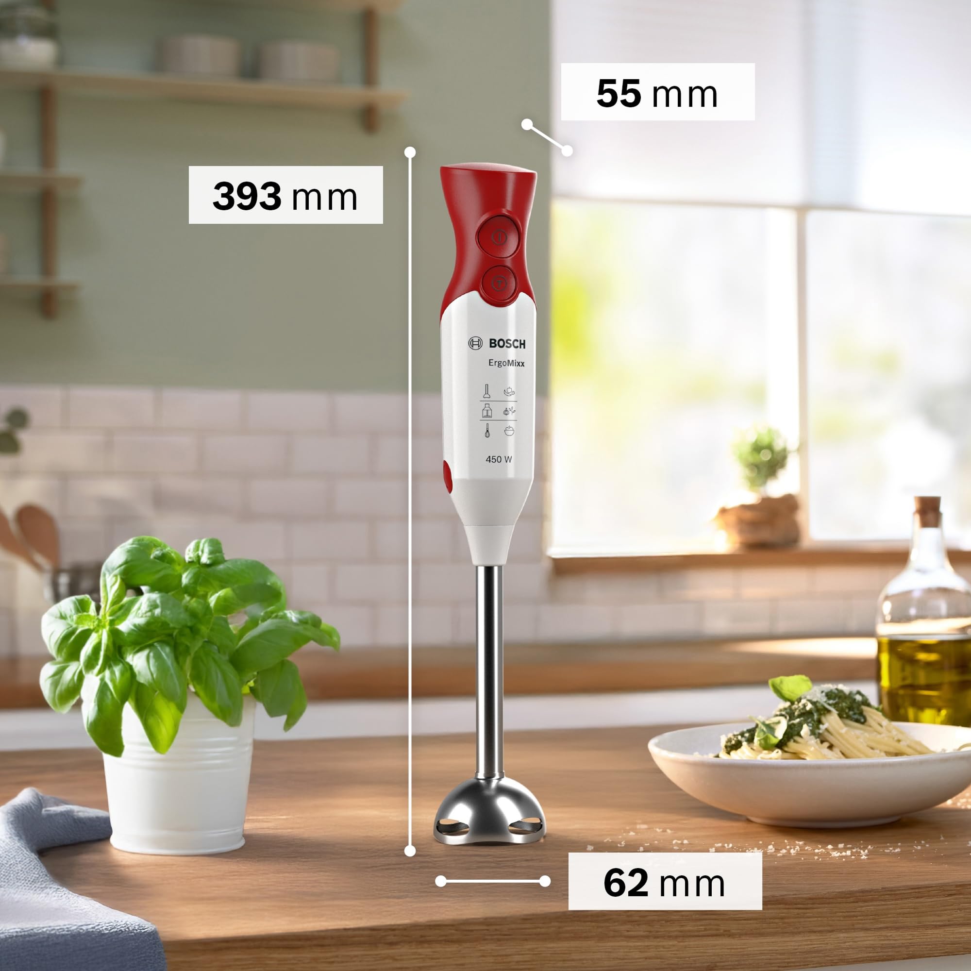 Bosch Frullatore a Immersione MSM64110, 450 W, Impugnatura Ergonomica, Piede in Acciaio Inox, Lama a 4 ali Acciaio Inox, Due Livelli di Velocità, Pratico Bicchiere Graduato Incluso, Bianco, Rosso