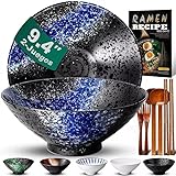 9.4 Pulgadas Juego De 2 Tazones De Cerámica Para Ramen De(9 Piezas) - Tazones Grandes De Porcelana Para Ensaladas Fideos Cereales Con Recetas Palillos Tenedores Y Cucharas Para Apto Para Lavavajillas