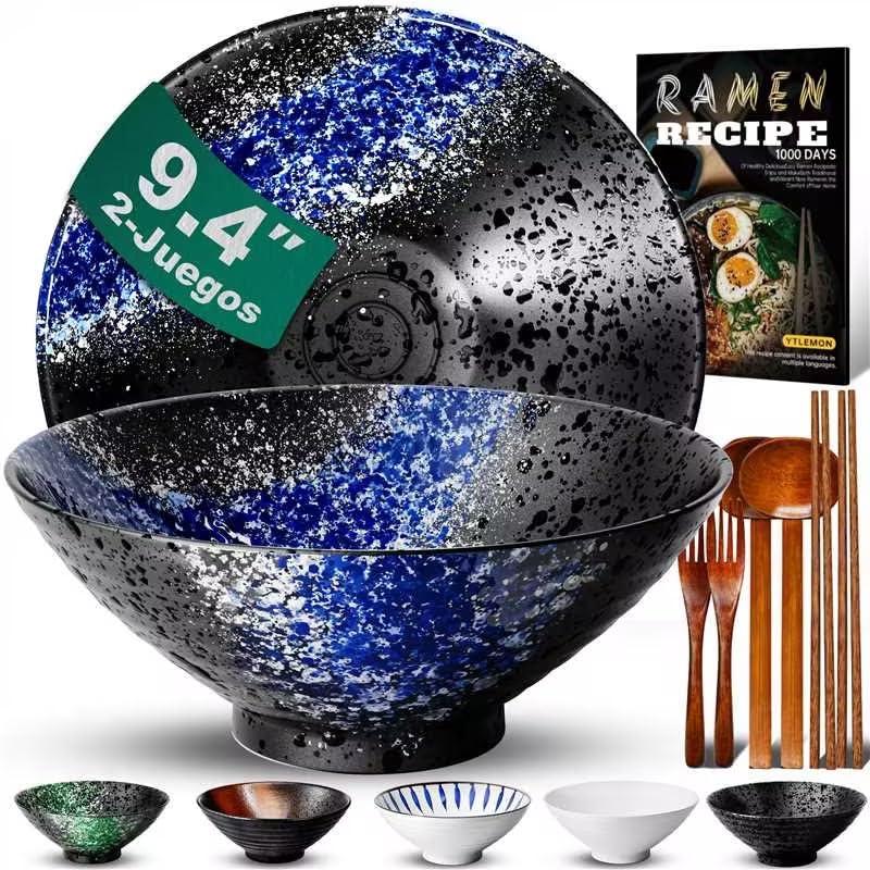 9.4 Pulgadas Juego De 2 Tazones De Cerámica Para Ramen De(9 Piezas) - Tazones Grandes De Porcelana Para Ensaladas Fideos Cereales Con Recetas Palillos Tenedores Y Cucharas Para Apto Para Lavavajillas