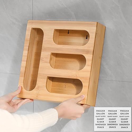 CECELORIA Ziplock - Organizador grande de almacenamiento de bolsas de alimentos de bambú sólido de alta calidad para cajón de cocina, organizador de