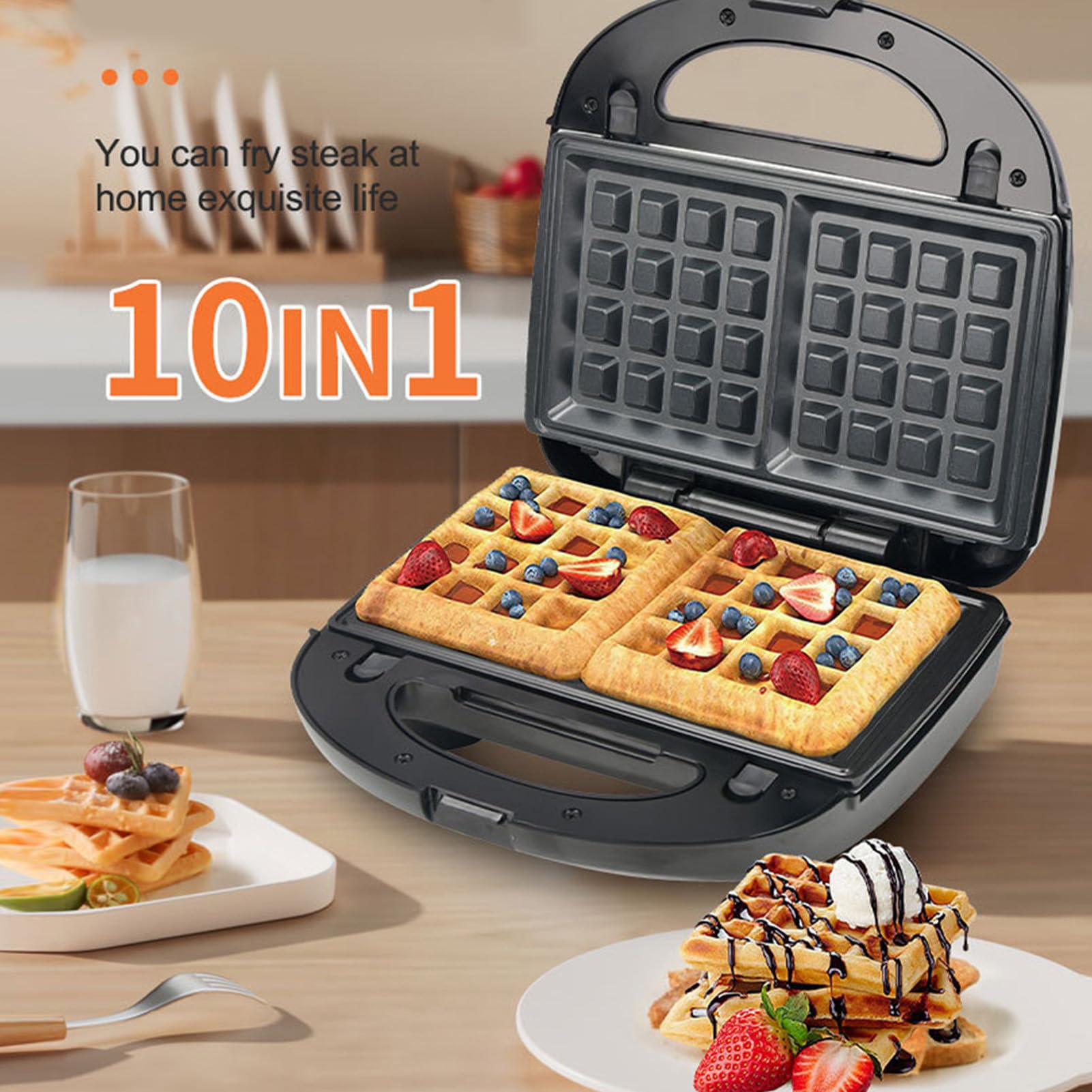 Electric Maker with 10 Non Stick Plates, Indicator Lights Cool Touch Handle Easy to and Store for Cooking Breakfast Grilled Cheese Tuna and Snacks (US Plug 110V)