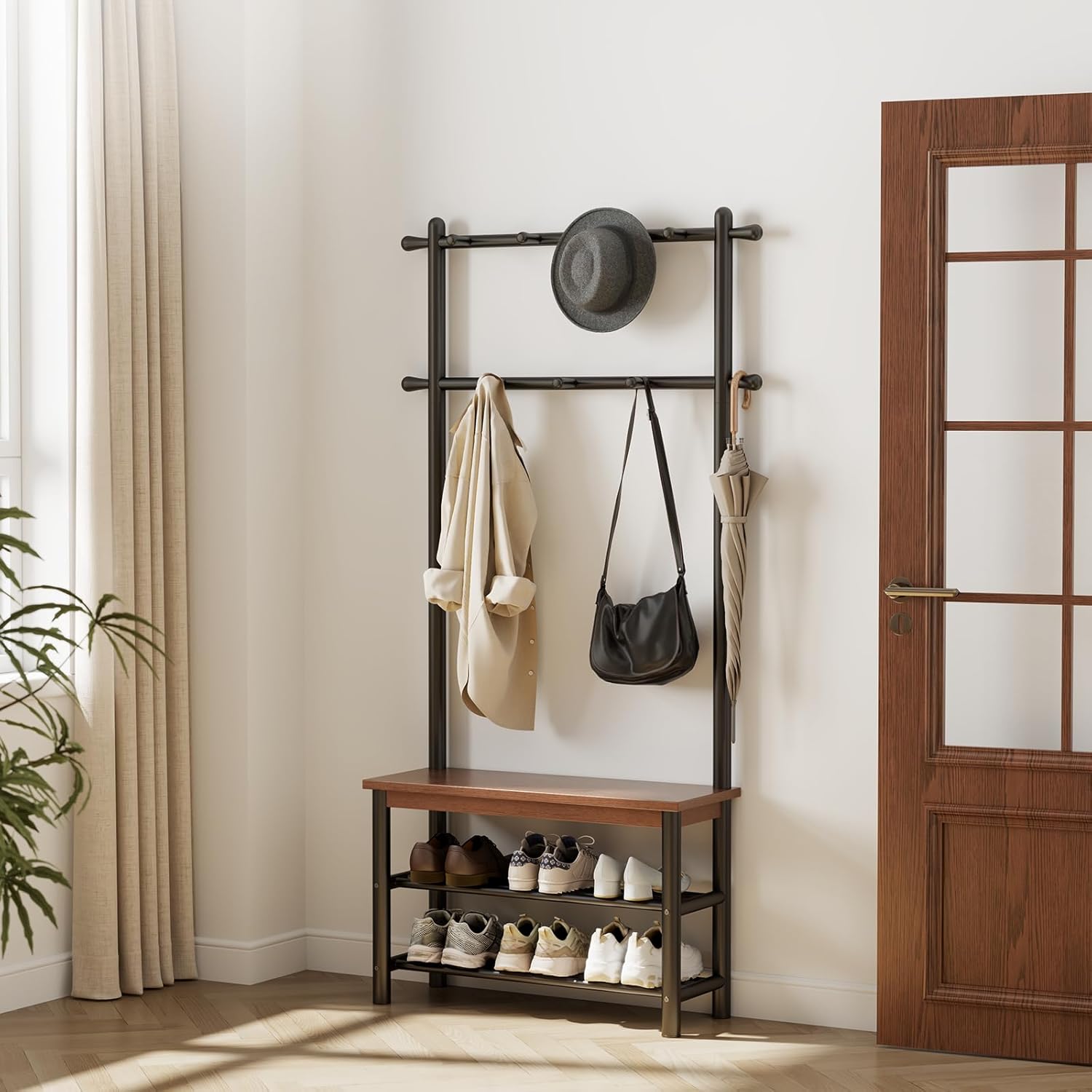 Coat Rack with Shoe Storage, Wood and Metal Frame, Entryway Hall Tree with Bench, Featuring 11 Hooks and 2-Tier Storage Shelves, 3-in-1, Entry Bench with Coat Rack (31.5" Walnut)