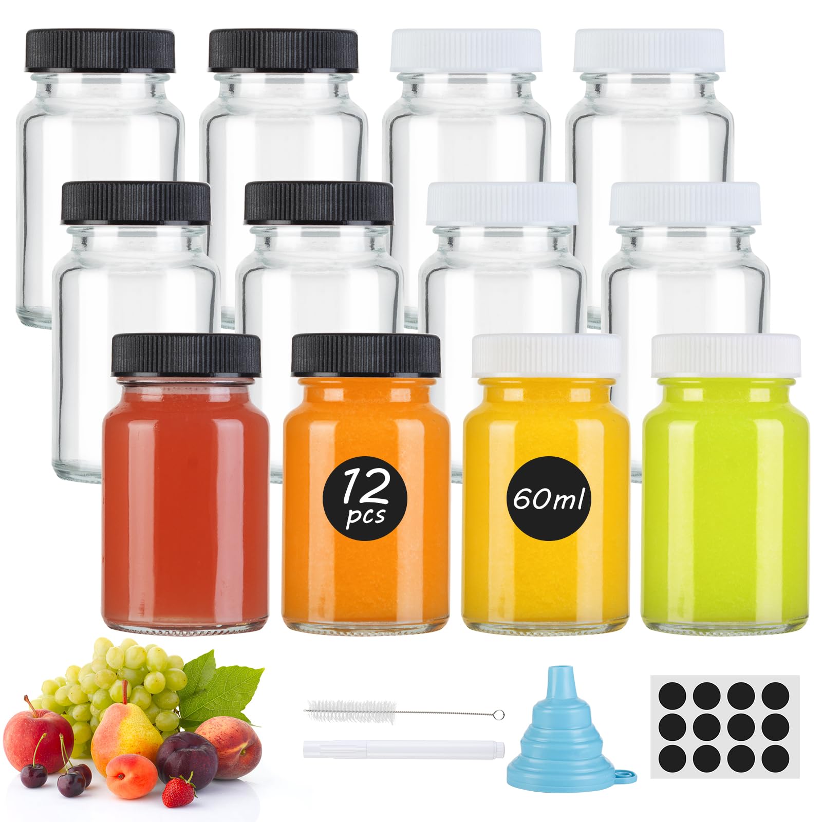 COYICOLI 12 Pack 2oz Glass Juice Bottles with Black & White Lids -60ml Mini Shot Bottles with Labels, Wide Mouth Leakproof Clear Vials for Ginger Shots, Wellness, Juices, Travel, Dishwasher Safe