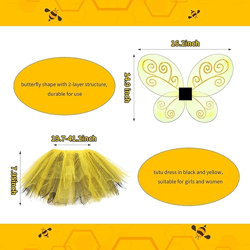 Miniatura 3 de Hicarer 8 piezas de accesorios de disfraz de abeja para mujer, alas de abeja, diadema de antena con tutú amarillo, lentes de sol de flores,