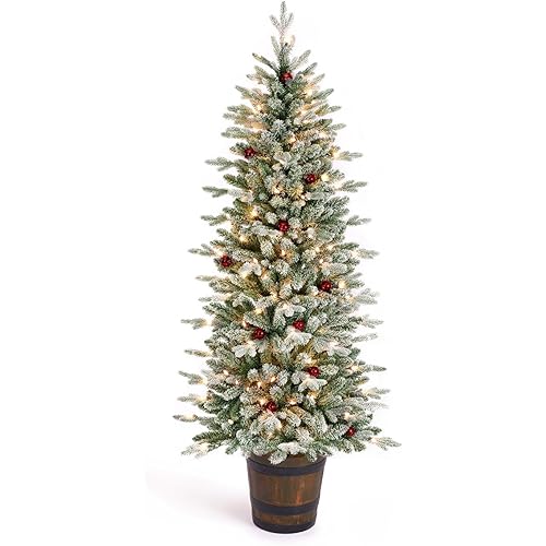 6FT Christmas Tree, Front Door Christmas Trees, Pre-lit Snow Flocked Artificial Tree with Warm Lights, Premium PVC & PE 537 Branch Tips Hinged Xmas Tree with Red Balls & Potted Stand for Porch