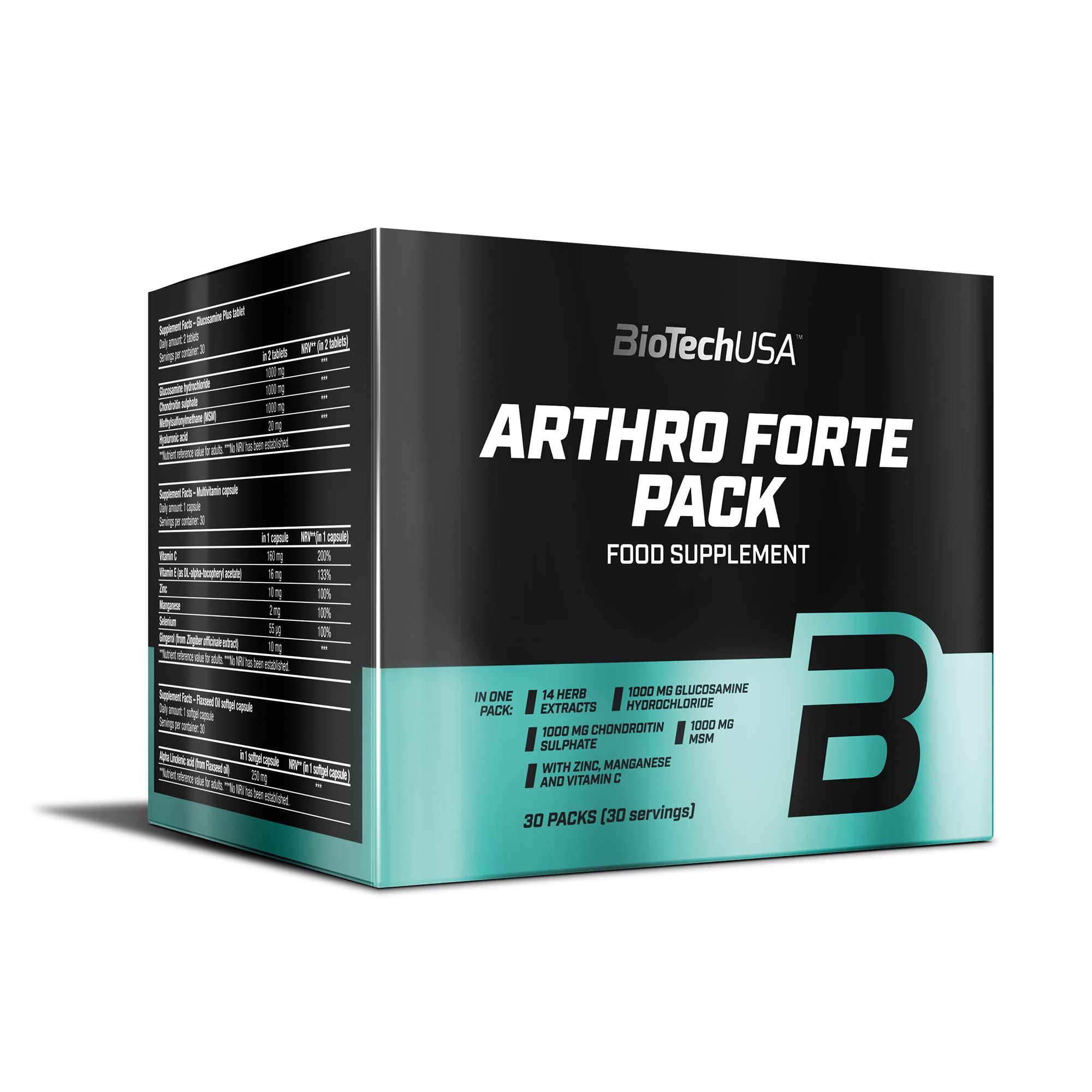 BioTechUSA Arthro Forte Pack, Paquet de complément alimentaire contenant de la glucosamine, de la chondroïtine, du MSM, des extraits de plantes, 30 paquets