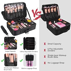 Relavel Makeup Bag Travel Makeup Train Case 13.8 inches Large Cosmetic Case Professional Portable Makeup Brush Holder Organizer and Storage with Adjustable Dividers and Shoulder Strap Black