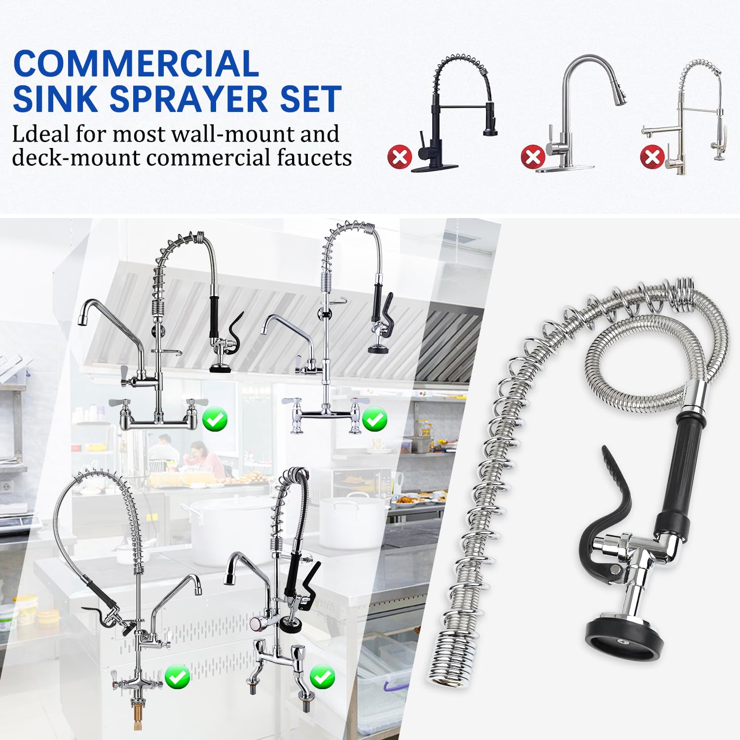 Válvula de pulverización con manguera flexible de acero inoxidable de 44 pulgadas y resorte superior de preenjuague, manguera flexible de grifo comercial con kit de repuesto de cabezal de