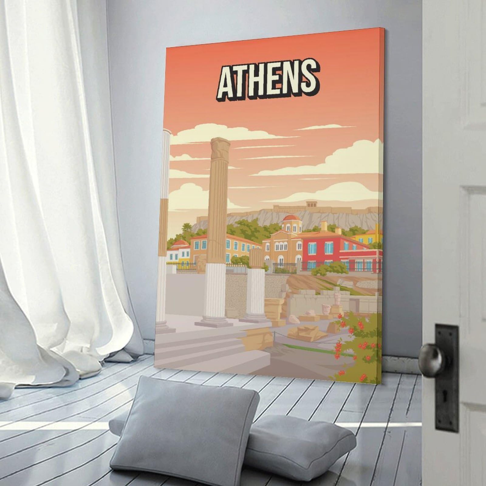 Junmoney Athens Greece Historic City Art Print Acropolis Travel Wall Art Print, 20x30inch(50x75cm), for Entrance Spaces, Stair Walls Or Halls, Home Artwork for First Impressions