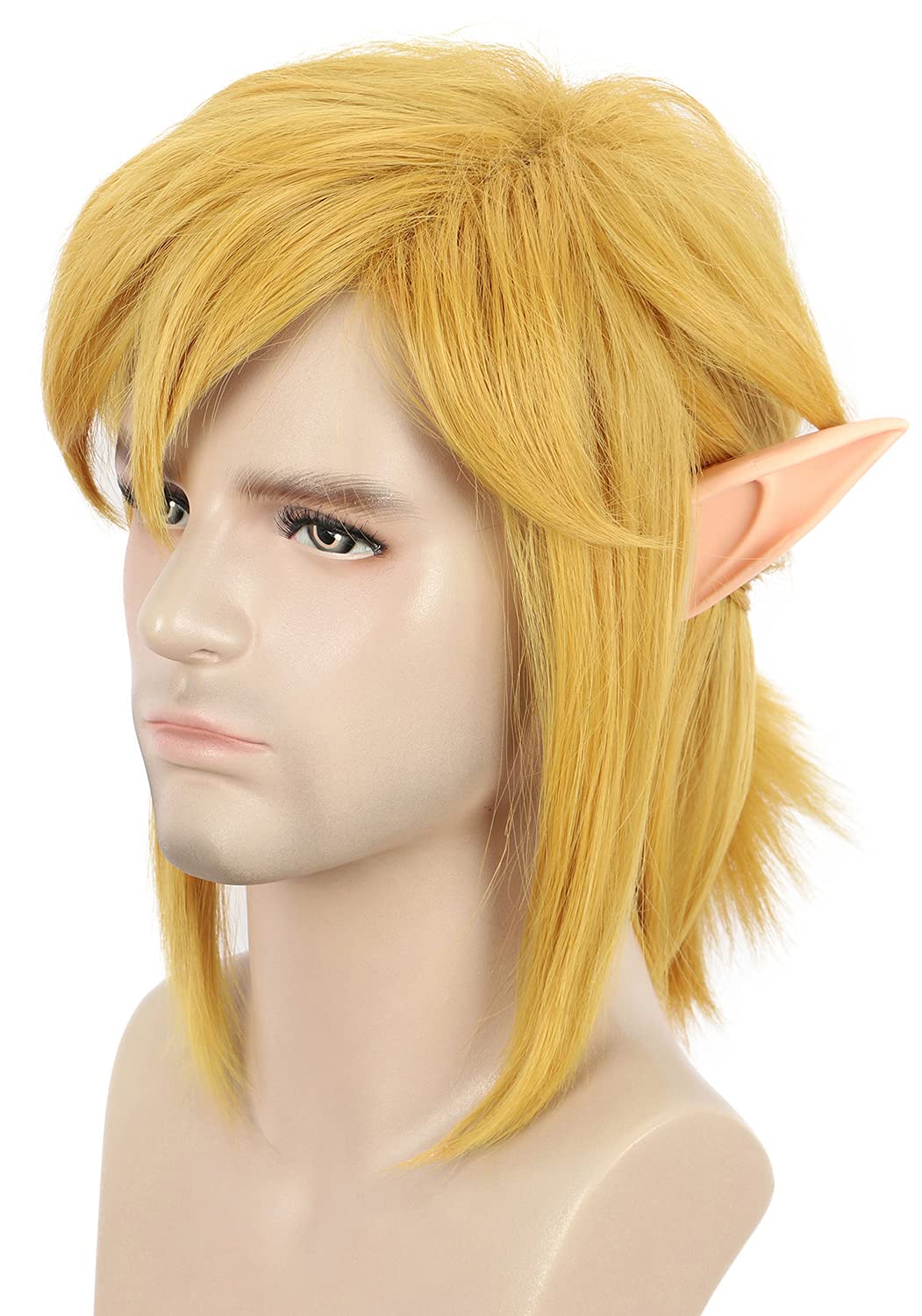 karlery Adult Men Short Wave Blonde Bangs Wig with Elf Ears Halloween Cosplay Costume Party Wig