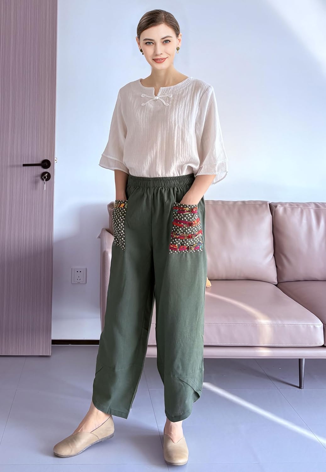 Minibee Women's Baggy Linen Wide Leg Trousers Casual Patchwork Elastic Waist Harem Pants - Image 4