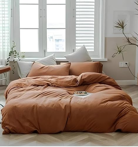 INDACORIFY Funda de edredón de algodón en canela, ropa de cama bohemia 100% algodón lavado, tamaño Queen, color canela, juego de funda de cama de