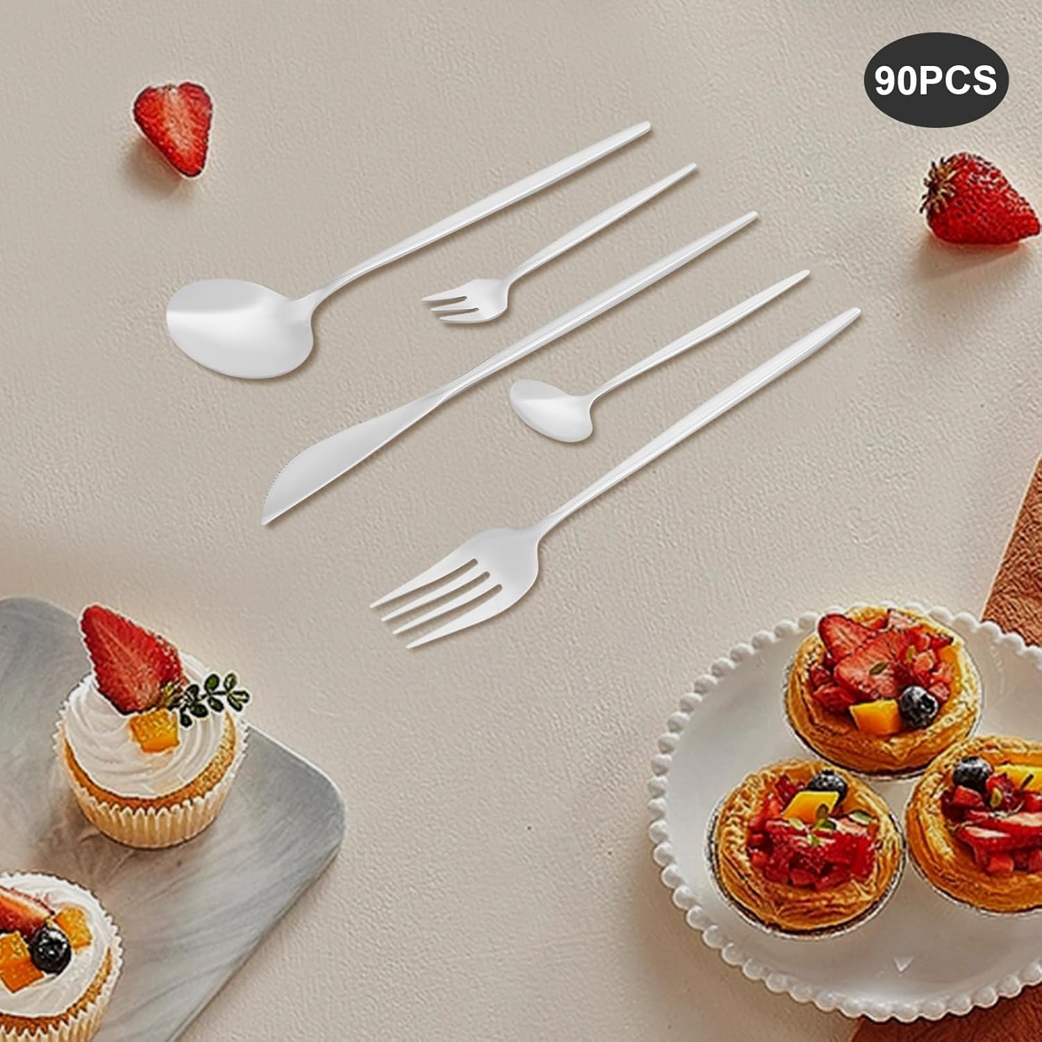 90 Piece Silverware Set, Stainless Steel Flatware Set for Food Grade Novelty Flatware Cutlery Utensil Set Include Knife Fork Spoon Mirror Polished Dishwasher Safe