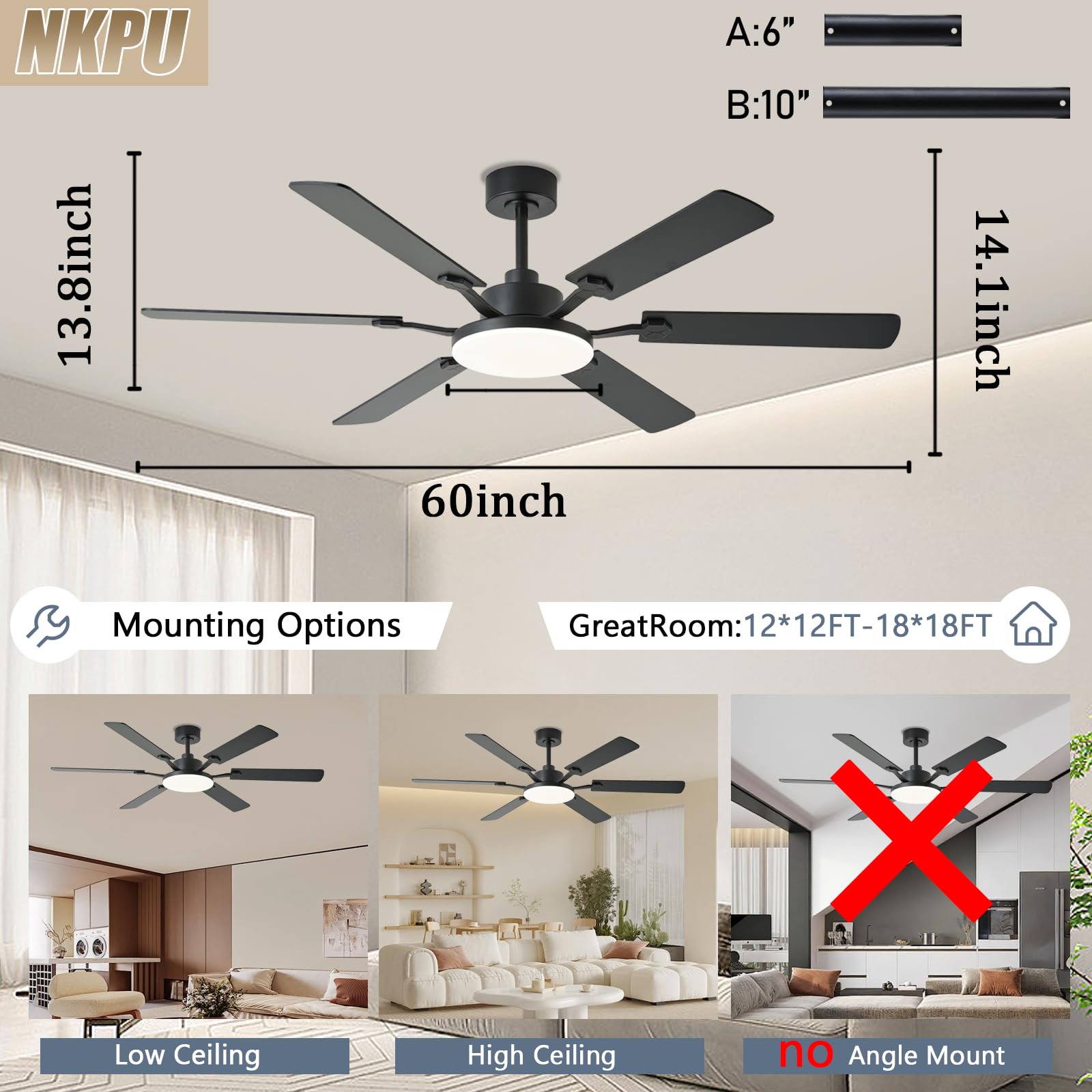 60 Inch Ceiling Fans with Lights Large Modern Black Ceiling Fan with Light and Remote Control 6 Double — view 8