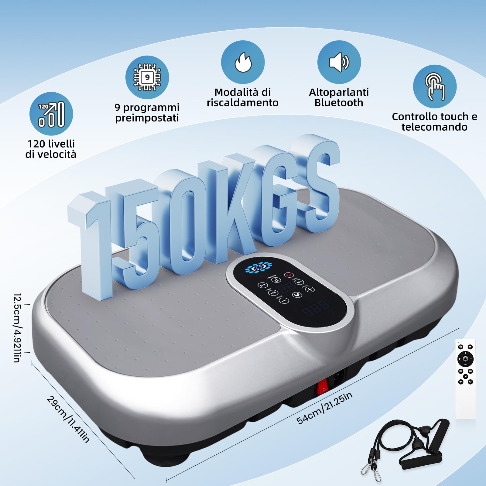 Płyta wibracyjna 4D, płyta wibracyjna do domu, z pilotem zdalnego sterowania i taśmami oporowymi, funkcja ogrzewania i Bluetooth, pojemność 150 kg, 120 poziomów wibracji