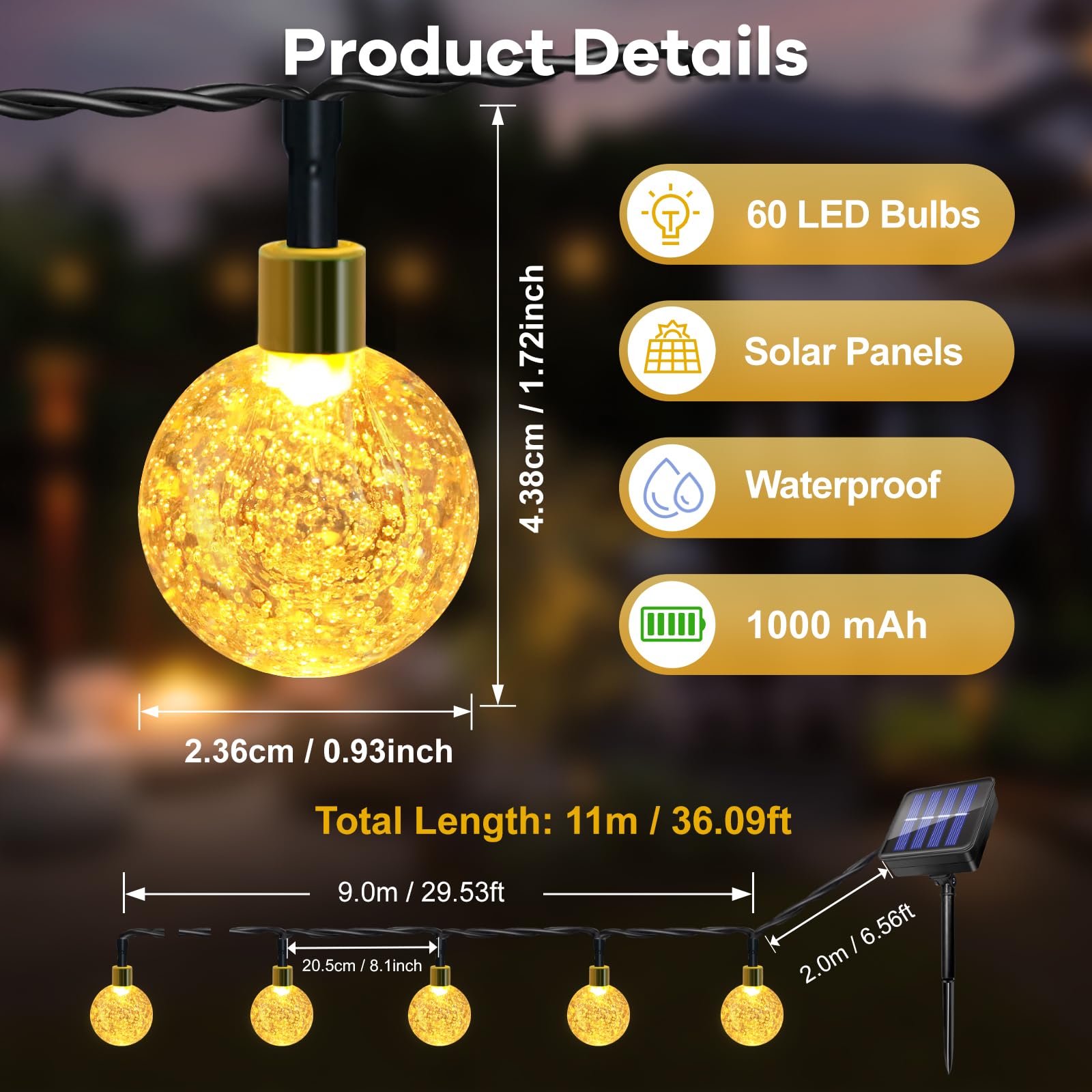 Guirnaldas Luces Exterior Solares, 11M 60LED Guirnalda Luces Solar, IP65 Impermeable, 8 Modos Cadena Luce Solar, Interior y Exterior Cadena Bombilla para Jardín, Patio, Fiesta, Navidad (Blanco Cálido)
