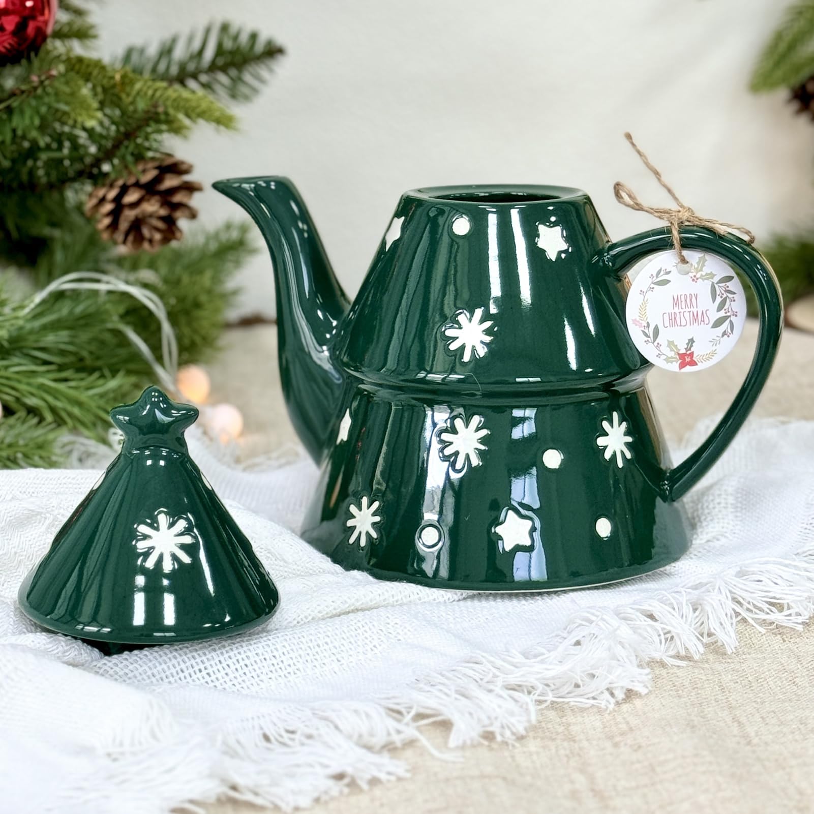Teekanne Weihnachten, Porzellan Weihnachtsdekorationen, Keramik Weihnachtskanne Kaffee Tee, 820 Ml Süße Weihnachten Kaffeetasse, Kaffeekanne Mit Weihnachtsbaum Perfekt Für Tee Und Kaffee (A)