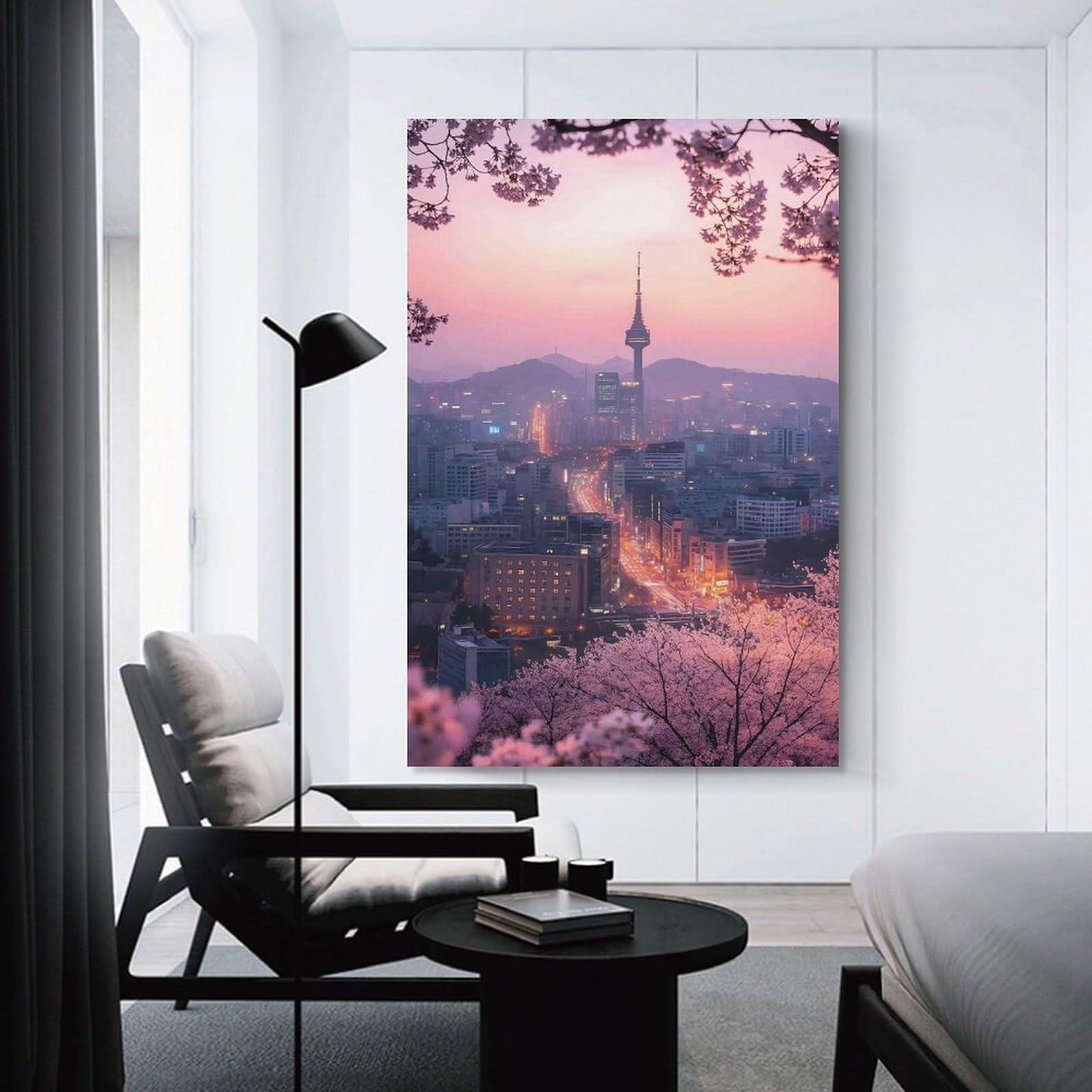 Junmoney Seoul Cityscape with Cherry Blossoms(2) Canvas Wall Decor, 08x12inch(20x30cm), for Art Walls, Layered Displays Or Homes, Home Wall Art for Statement Displays