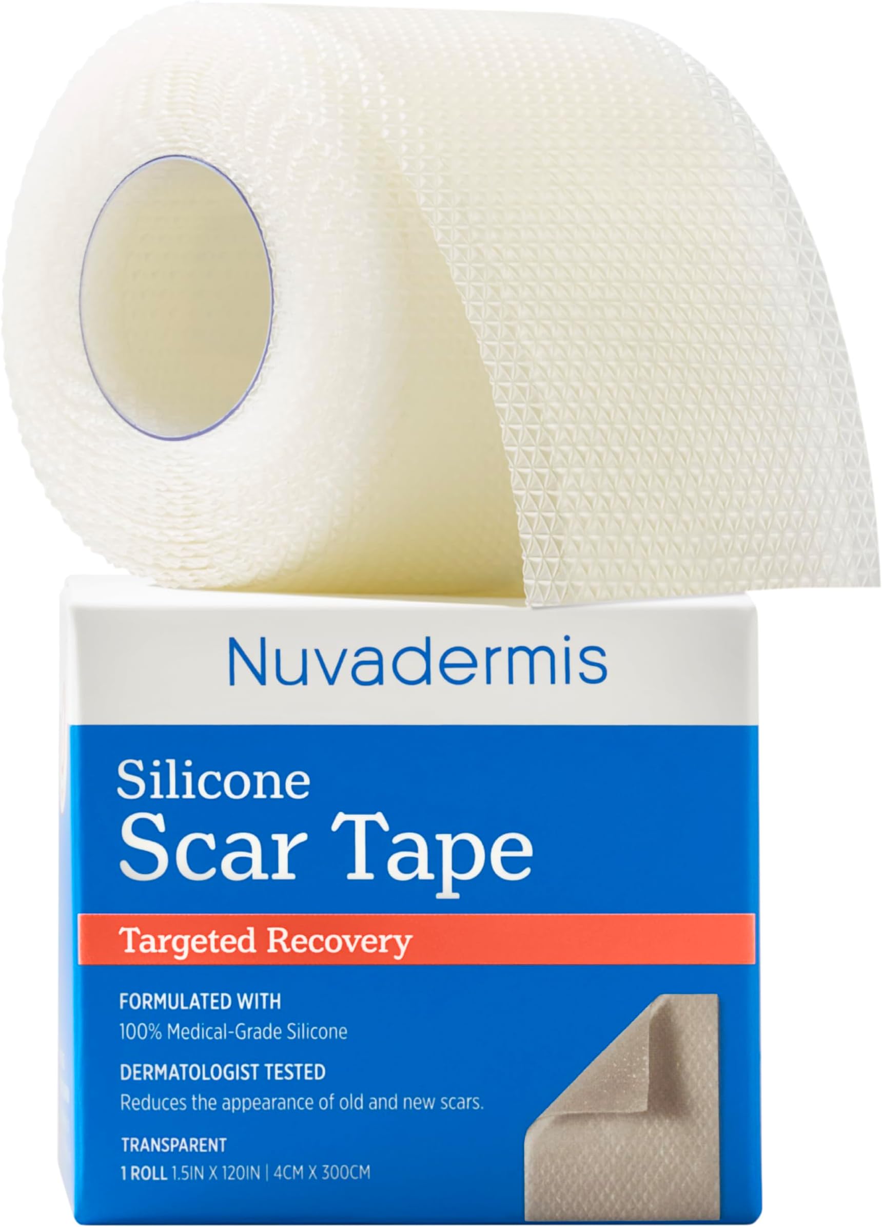 - NUVADERMIS Clear Silicone Scar Tape for Surgical Scars - 120" x 1.5" Roll - Extra Long Scar Sheets for C-Section, Tummy Tuck, Keloid, and Surgical Scars - Reusable Medical Grade Silicone Scar Tape