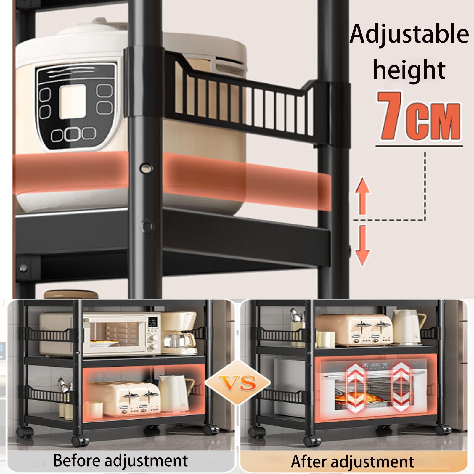 Adjuble - Carrello multiuso a 3/4/5 ripiani, in acciaio, con ripiani per cucina ed elettrodomestici, design salvaspazio (45 x 40 x 80 cm), versatile per casa e ufficio