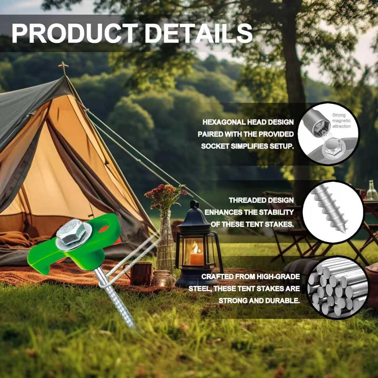 10-Pack 8" Heavy Duty Screw in Tent Stakes, Drill-in Non-Rust Ground Anchor Pegs, Metal Tent Accessories for Camping, Garden, Hiking, Green