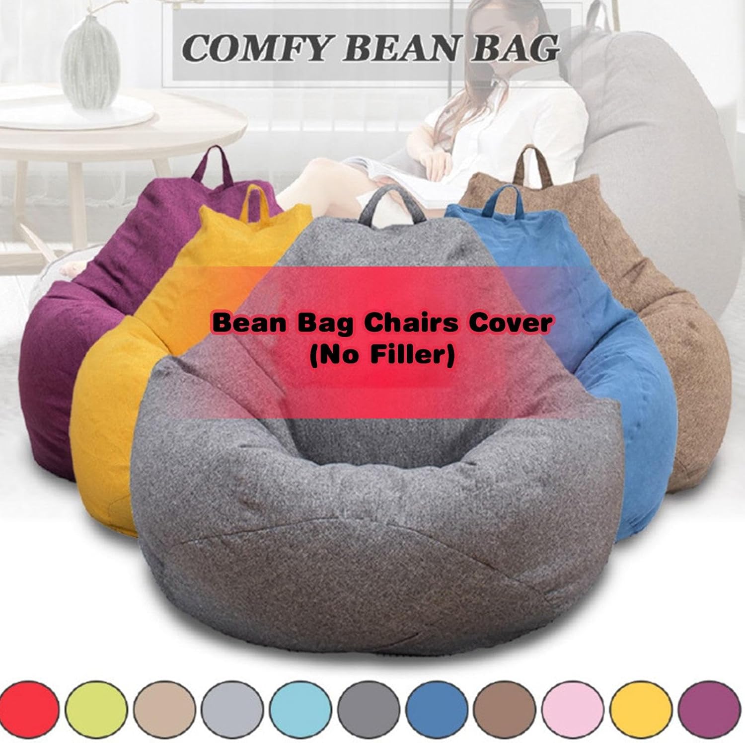 Stuffed Storage Bean Bag Chair Cover (No Filler) for Kids and Adults - Cotton Linen Stuffable Beanbag for Organize Plush Toys Memory Foam,Black-Medium