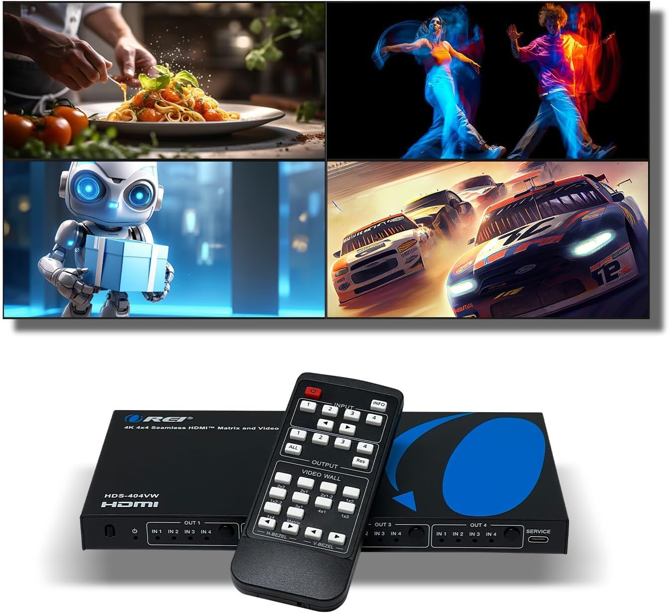 OREI 4K 4x4 Seamless HDMI Matrix Switch 1080P Video Wall Controller Processor Upto 4K 30hz 4:2:0-180 Degree Rotation via RS-232, Bezel, HDCP 1.4,