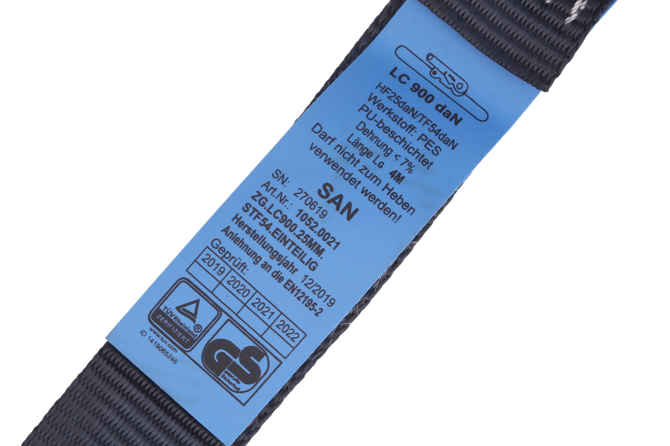 Set di 4 cinghie di ancoraggio con cricchetto, resistenti in un unico pezzo, lunghezza 4m/6m, larghezza 25mm, certificato TÜV, carico fino a 900kg, secondo DIN EN 12195-2 (Nero, 4 m)