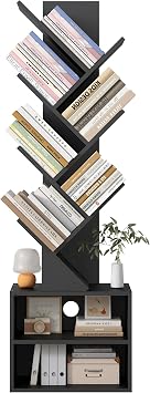6 Tier Tree Bookshelf, Wood Bookcase with Storage Cabinet, Modern Tall Narrow Bookshelves Organizer, Floor Standing Book Shelf for Bedroom/Living Room/Home Office/Corner Black, 6 Tier