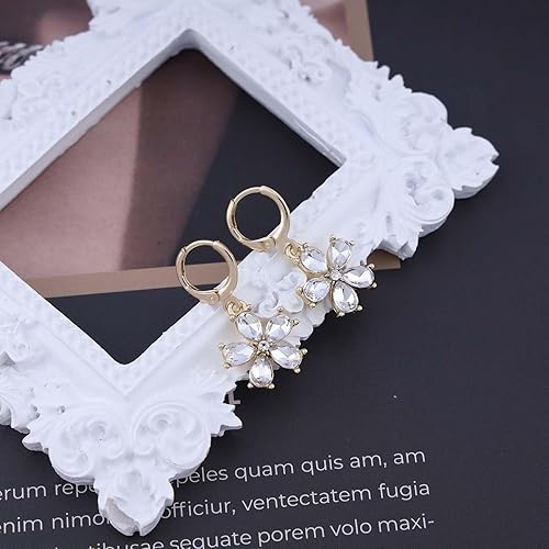 Vintage Emerald Flower Drop Earrings Green Crystal Flower Earrings Cz Flower Dangle Earrings Gold Huggie Hoop Earrings Jewelry for Women and Girls(Gold)