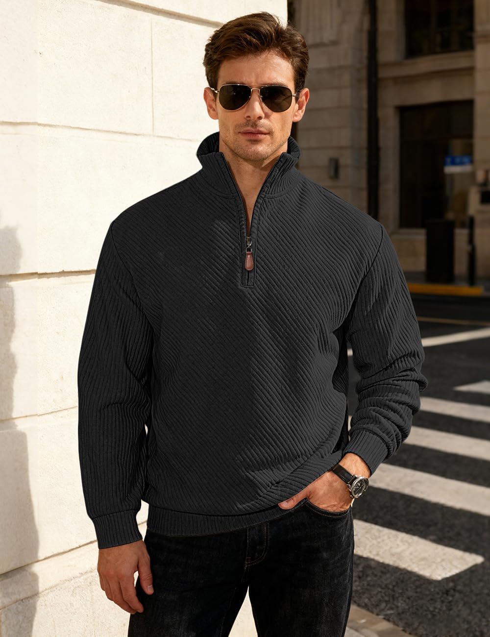 Mens Sweaters Pullover Sweater Casual Athletic Long Sleeve Quarter Zipper Stand Collar Sweatshirt - Image 2