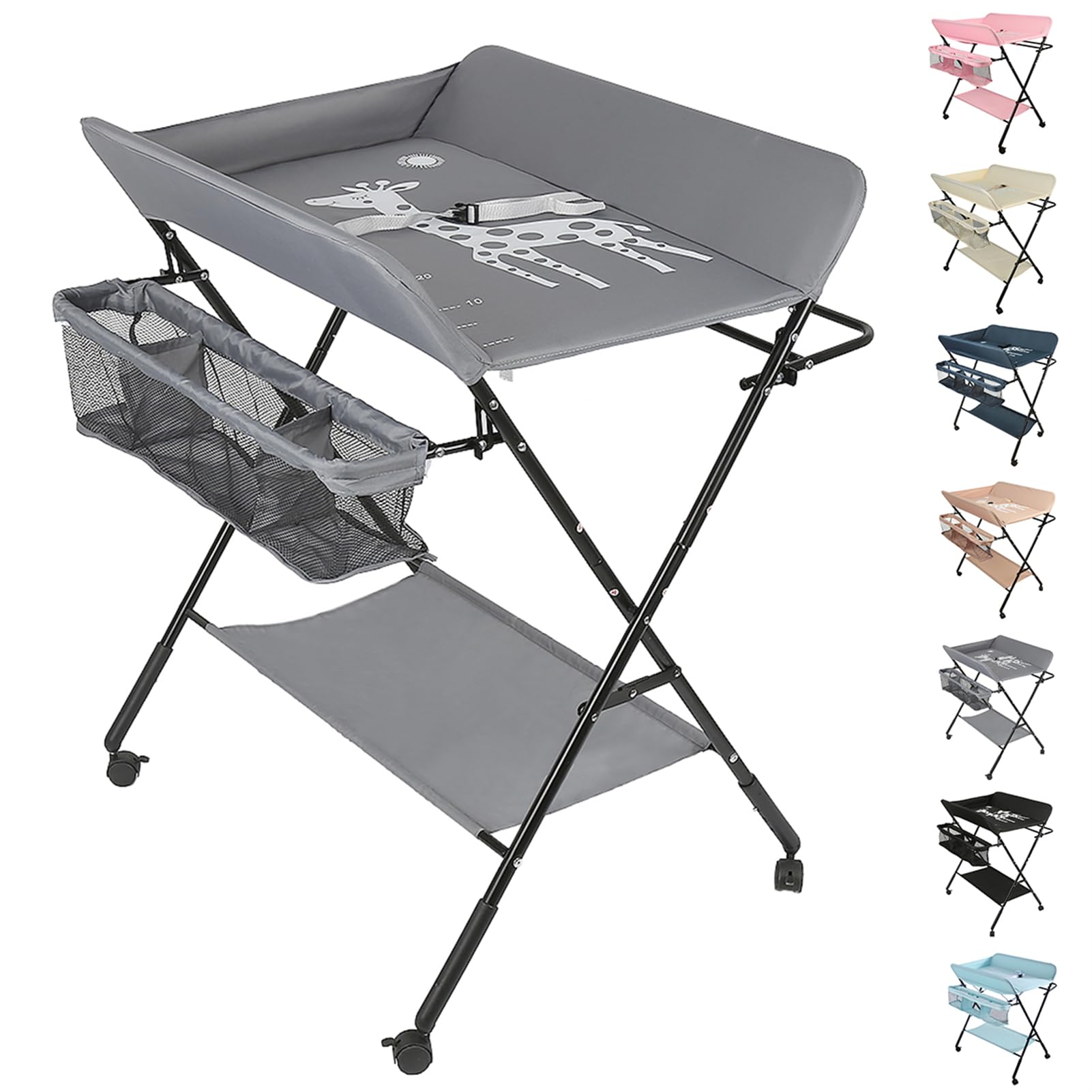 Homewell Cambiador de bebé plegable, con cambiador, cinturón de seguridad, compartimentos, bonito patrón e indicación de altura, estable y cómodo (gris)