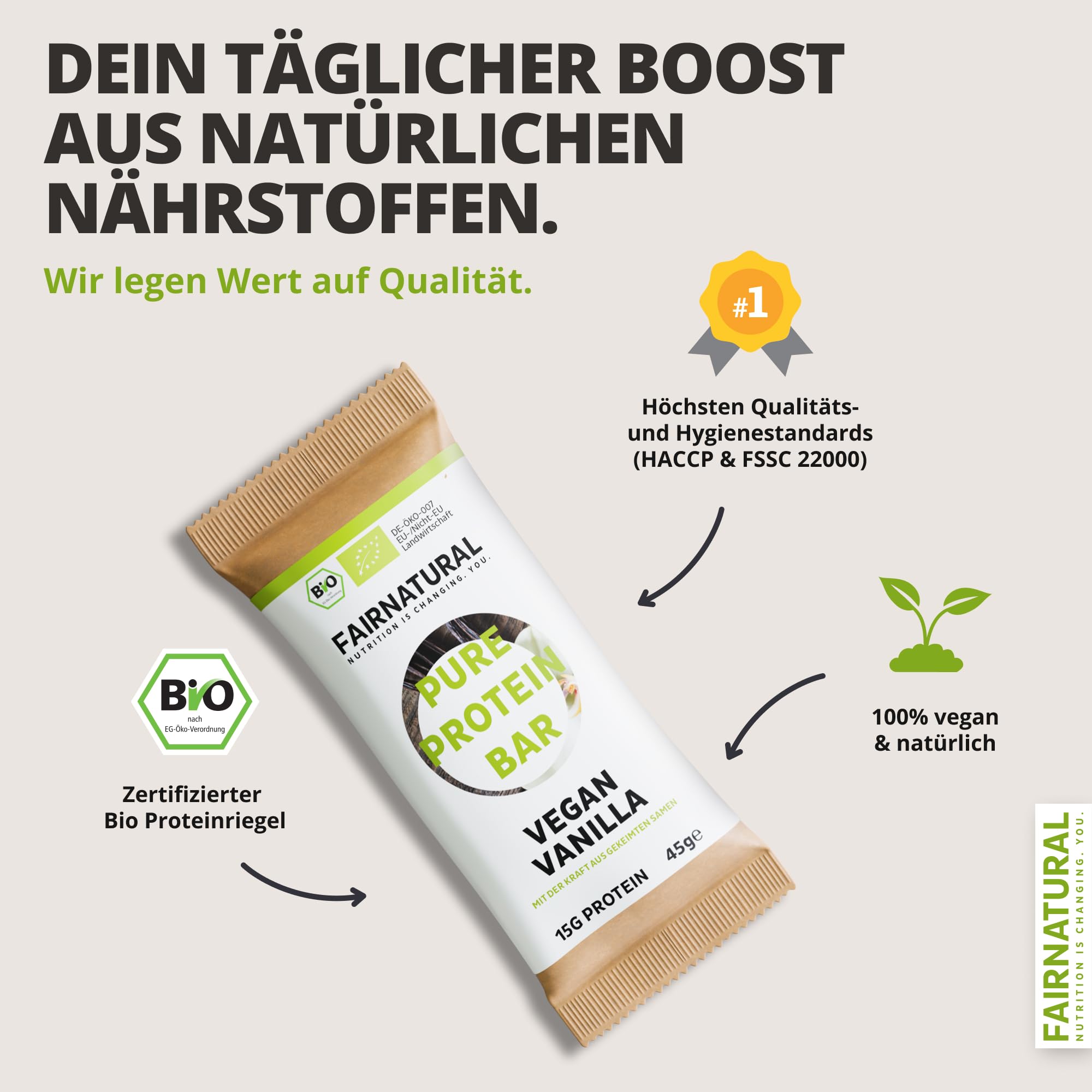 FAIRNATURAL® Protein Riegel Vegan Vanille [10x45G] - Vegane Whey Proteinriegel ohne Soja & zugesetztem Zucker - Eiweißriegel Herstellung in DE - Pflanzliche Energieriegel - Protein Bar - Snack Riegel