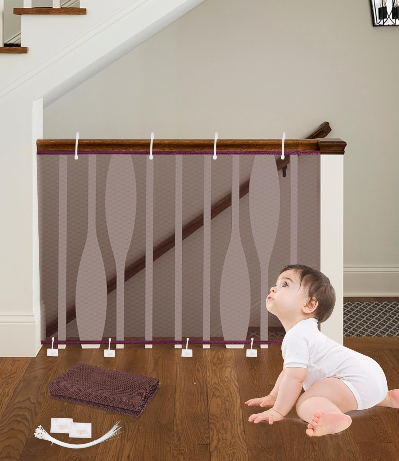 Red de Seguridad Infantil, Red de Seguridad Niños para Escaleras, Barandillas y Vallas, Reds de Seguridad para Balcones robustas y Ajustable para niños, Mascotas y Juguetes, 300 x 90 cm, Marrón