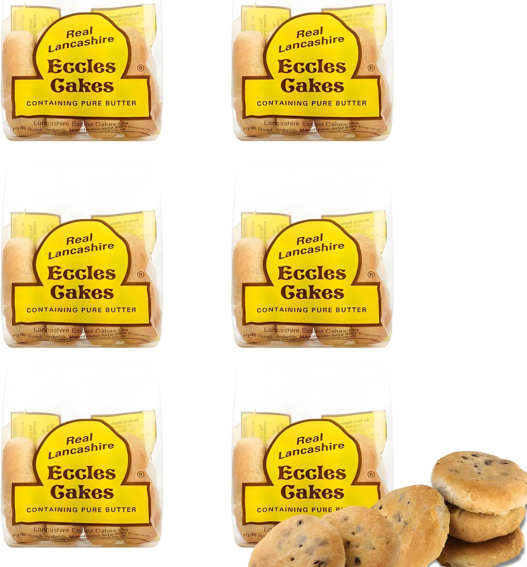 Real Lancashire Eccles Cakes | Traditionally Handmade with Pure Butter & Dried Currants | British Snacks | Delicious Fruity & Tasty Cakes for Anytime | 5.29 Oz | 4 Cakes (Pack of 6)