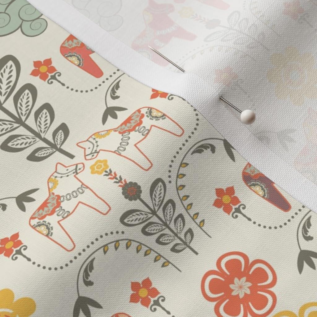 Spoonflower Fabric - Dala Horse Illustration Flowers Folk Pastel Multicolor Printed on Petal Signature Cotton Fabric by The Yard - Sewing Quilting Apparel Crafts Decor