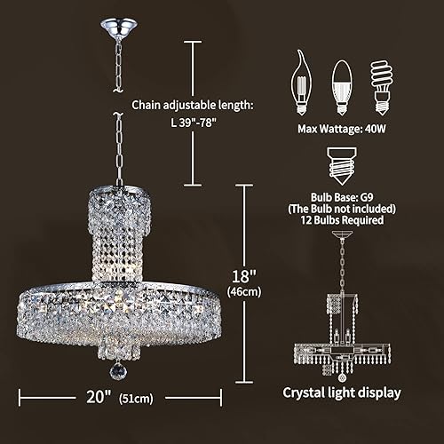 Miniatura 6 de Lámpara colgante de cristal de 20 pulgadas, lámpara colgante de altura ajustable con 12 luces, lámpara de araña moderna cromada para isla de cocina,