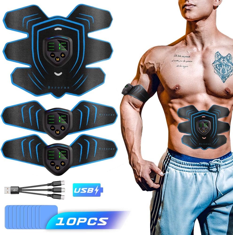 Byroras Muscle Stimulator, ABS Trainer Abdominal Belt, EMS Muscle toner, USB Rechargeable, LCD Display, 10 Replacement Gel Pads, Home Workout Fitness Device for Men & Women