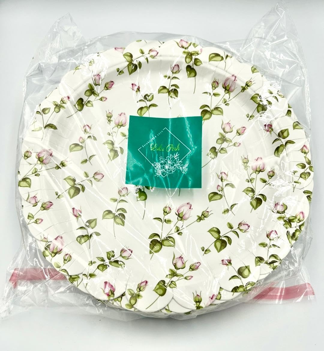 Floral Paper Plates 12 Inch (24 Pack) – Scalloped Disposable Party Plates, Pink Rose Vintage Shabby Chic Dinner Plates, Heavy Duty Paper Plates for Wedding, Bridal Shower, Tea Party Supplies
