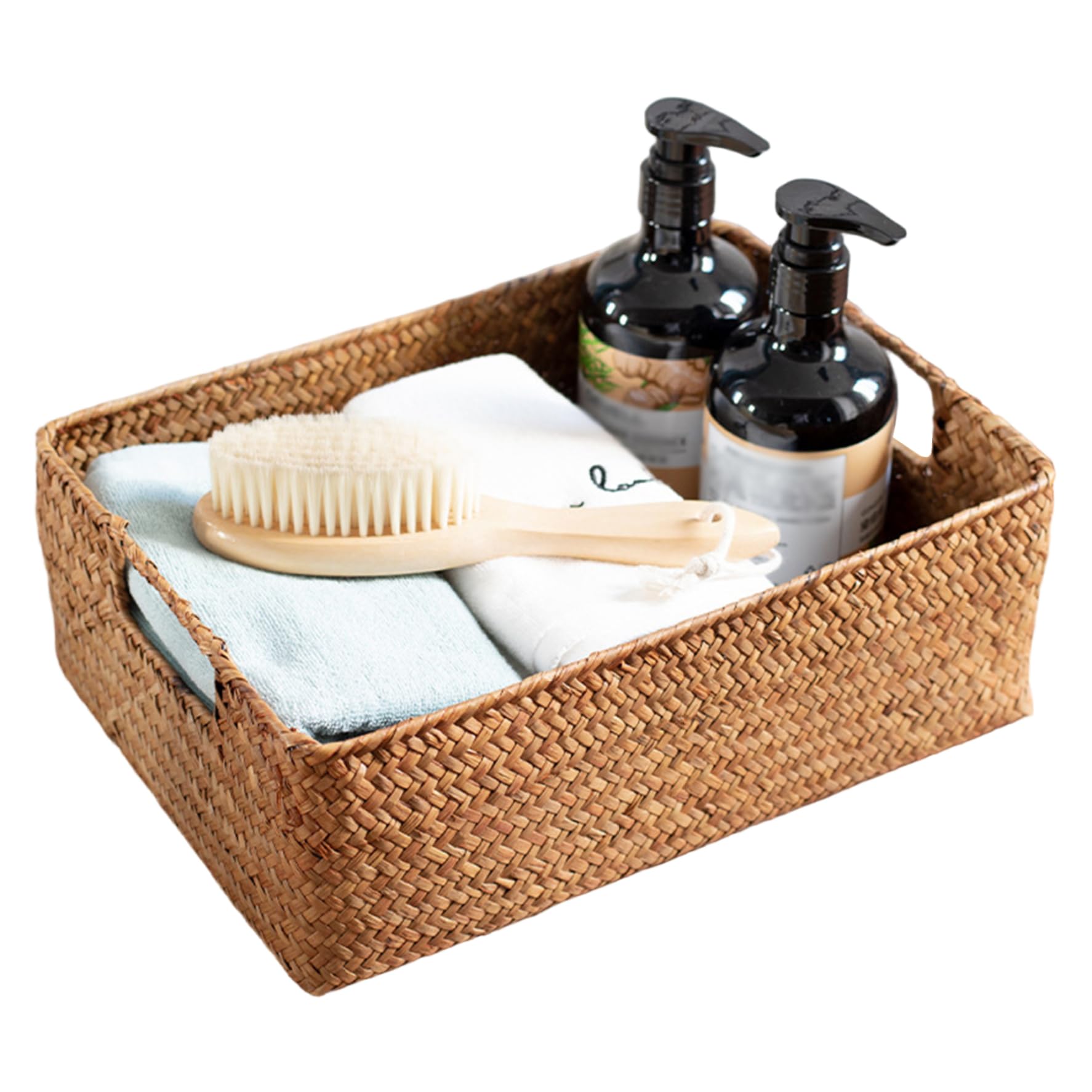 Hbbgdiy Wicker Storage Basket 12x8x4 Inch Handwoven Wicker Basket with Handles Decorative Storage Organizer for Pantry Living Room Bedroom Bathroom Shelf