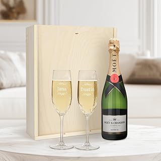MOËT & CHANDON CHAMPAGNER SET - Das Set besteht aus einer edlen Holzkiste, 2 personalisierten Sektgläsern & einer Flasche Moët & Chandon 750 ml