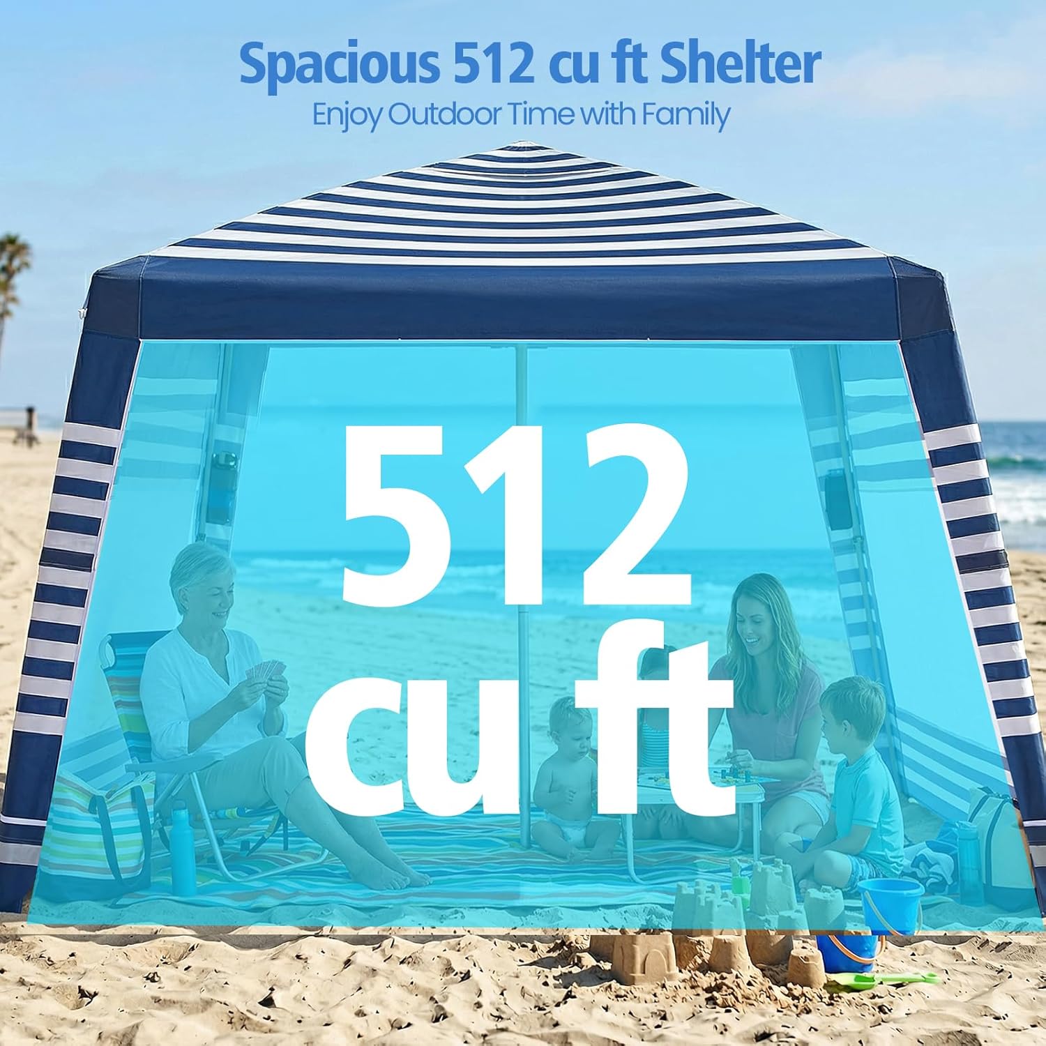 Beach Cabana 8×8 FT, Large Portable Beach Canopy with 2 X Side Wall, UPF 50+ Sun Shelter with Cup Holder,Pop Up Beach Tent Wind Resistant - Adjustable Height for Whole Family, Blue & White Stripes