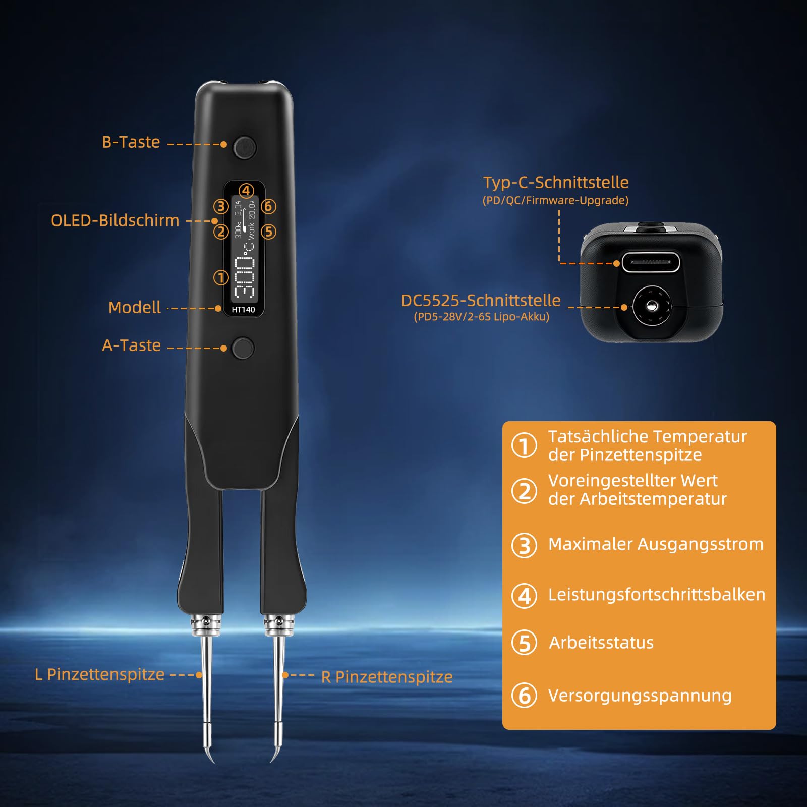 HT140 - Set saldatore a caldo 2 in 1, 140 W, con spina PD da 65 W, 122 ℉-932 ℉, 3 temperature preimpostate, alimentatore PD/QC/DC, strumento di riparazione dissaldante per SMD