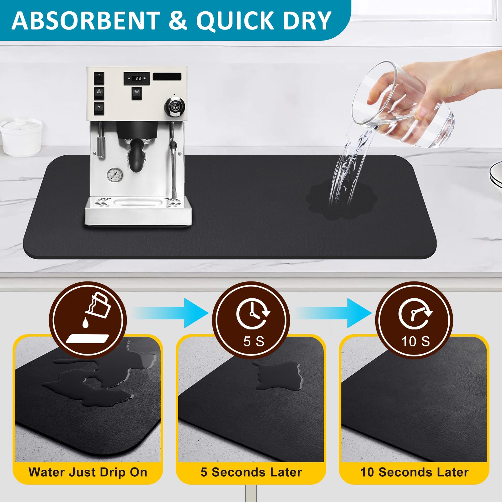 FUMAX Kaffeematte 40x60cm Schwarz - Saugfähige Unterlage Für Kaffeemaschine - Küchenarbeitsplatte Schutz