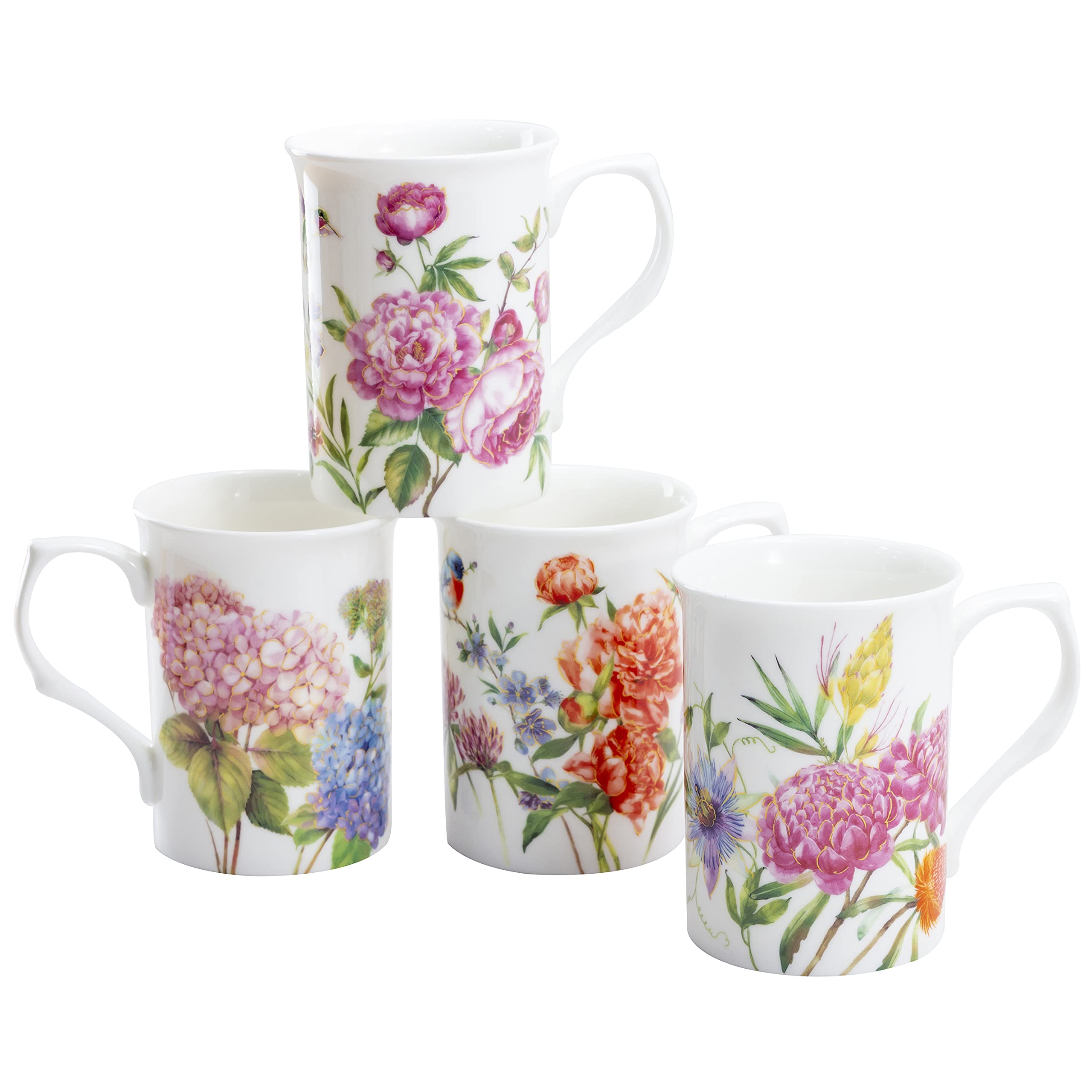 Grace TeawareBone China Coffee Tea Mugs 9-Ounce, Assorted Set of 4 (Beautiful Garden)